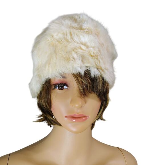 1950s Cream Real Rabbit Fur Tall Pillbox Cossack Russian Winter Hat - Picture 3 of 10